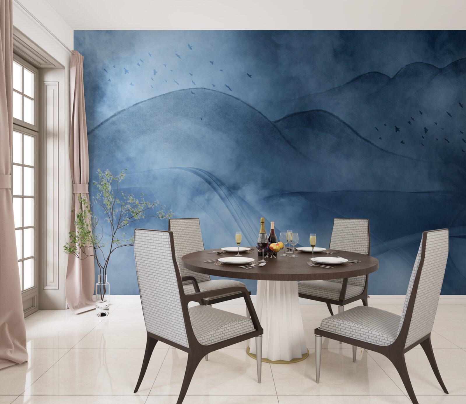 Fototapeta góry spowijane mgłą, za zasłoną morską