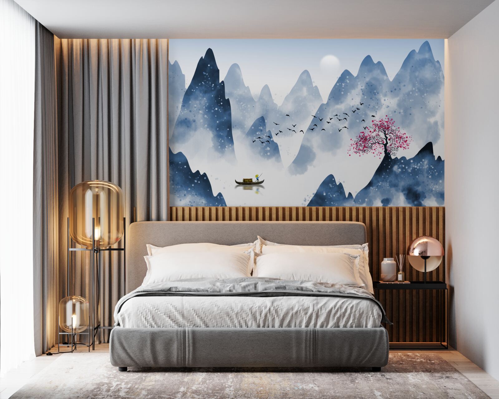 Fototapeta rybak wraca przez górskie jezioro