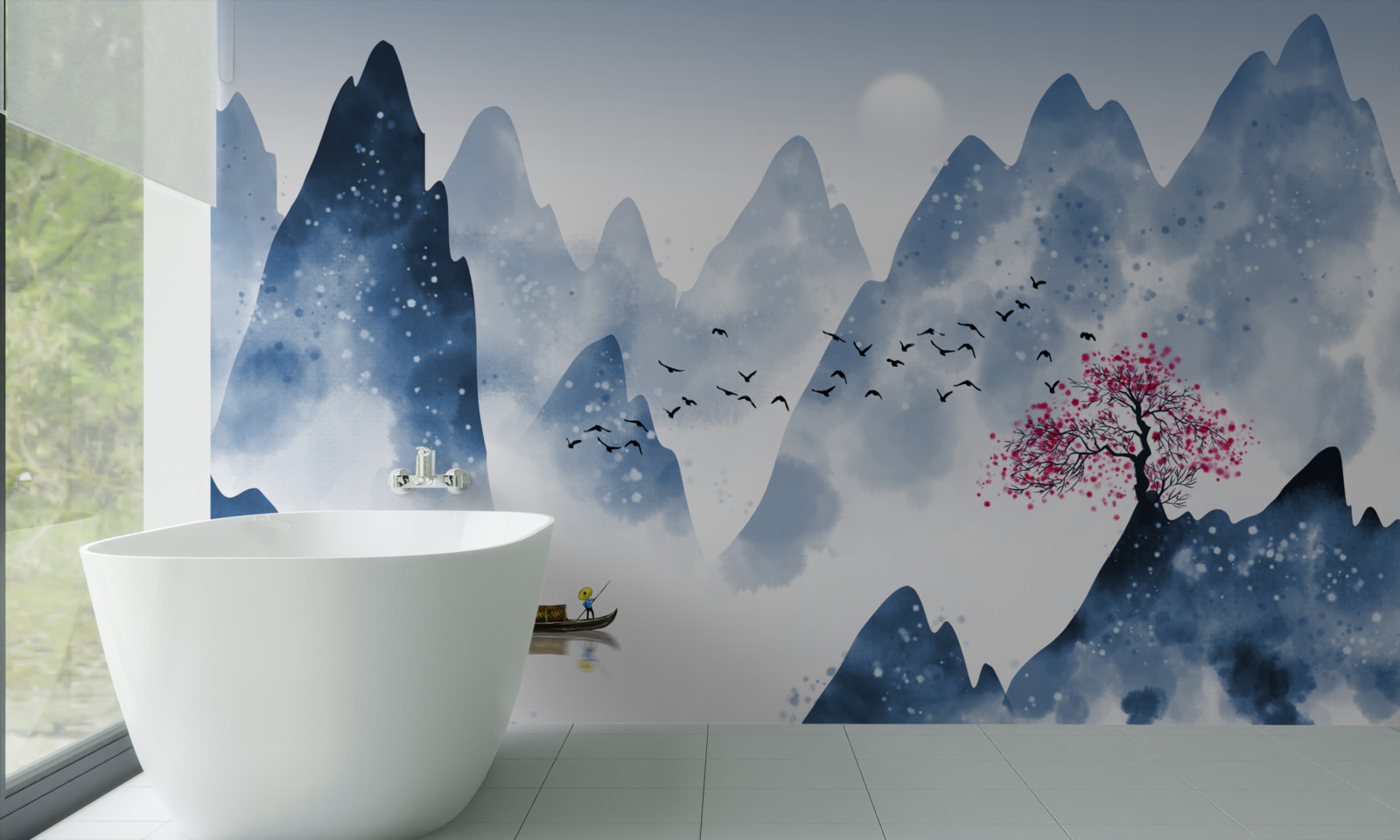 Fototapeta rybak wraca przez górskie jezioro