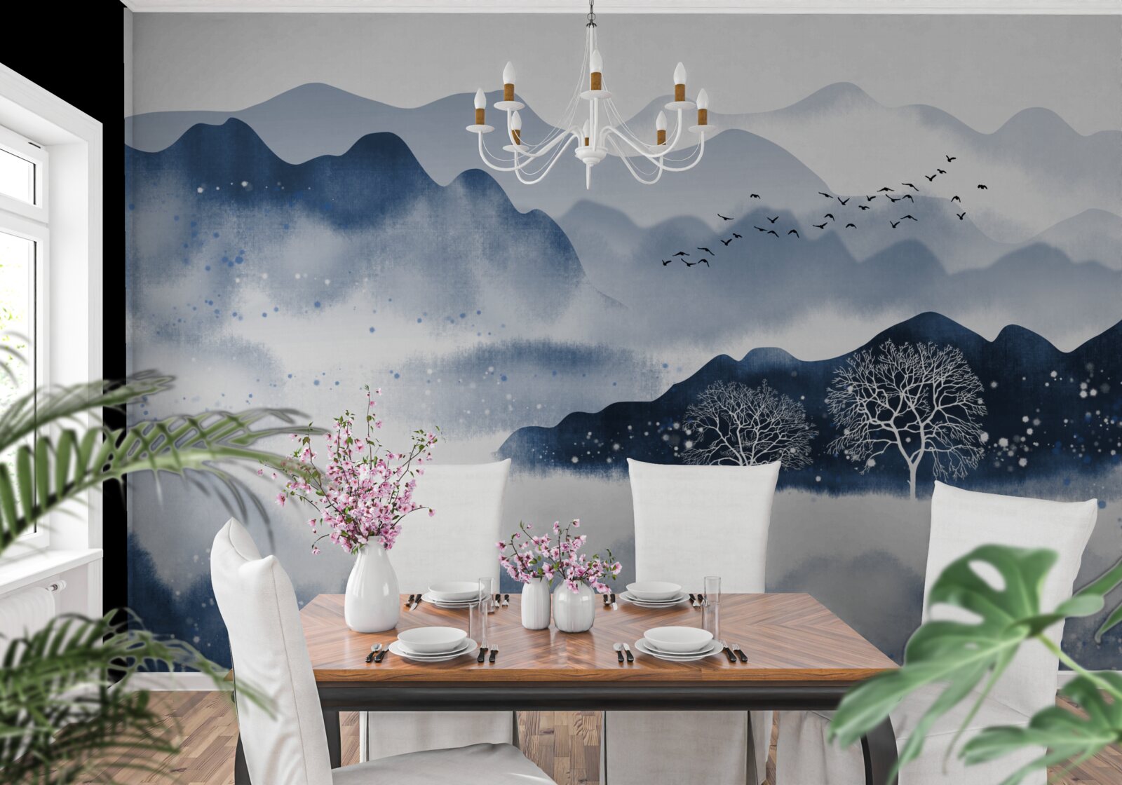 Fototapeta wędkarz powoli płynie wzdłuż cichego górskiego zbiornika