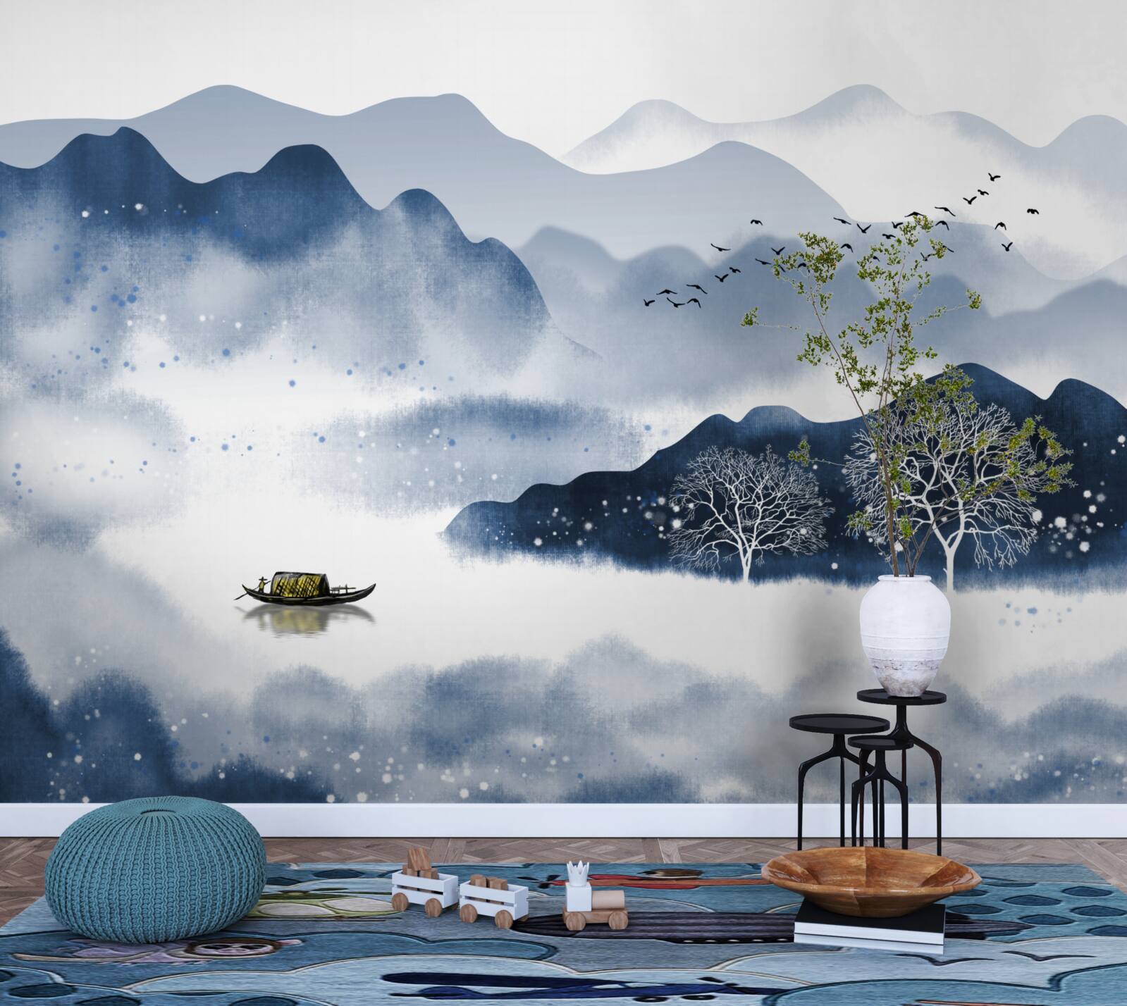 Fototapeta wędkarz powoli płynie wzdłuż cichego górskiego zbiornika