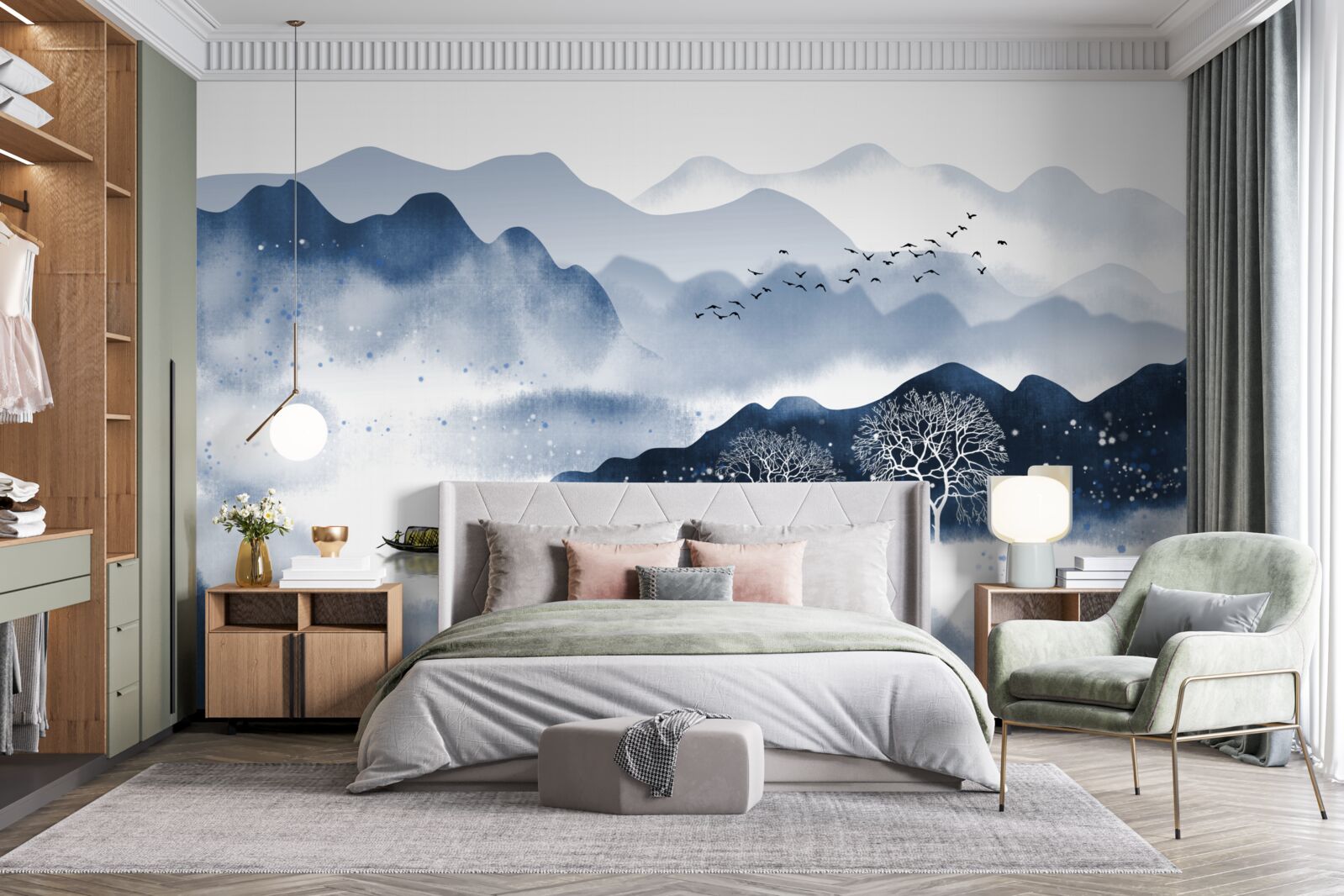 Fototapeta wędkarz powoli płynie wzdłuż cichego górskiego zbiornika