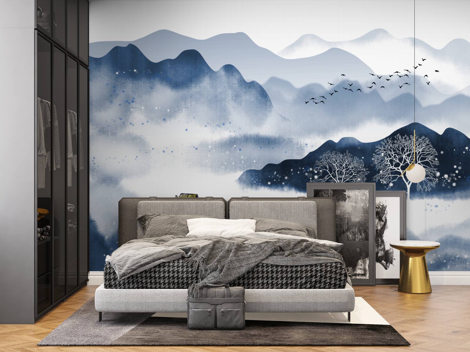 Fototapeta wędkarz powoli płynie wzdłuż cichego górskiego zbiornika