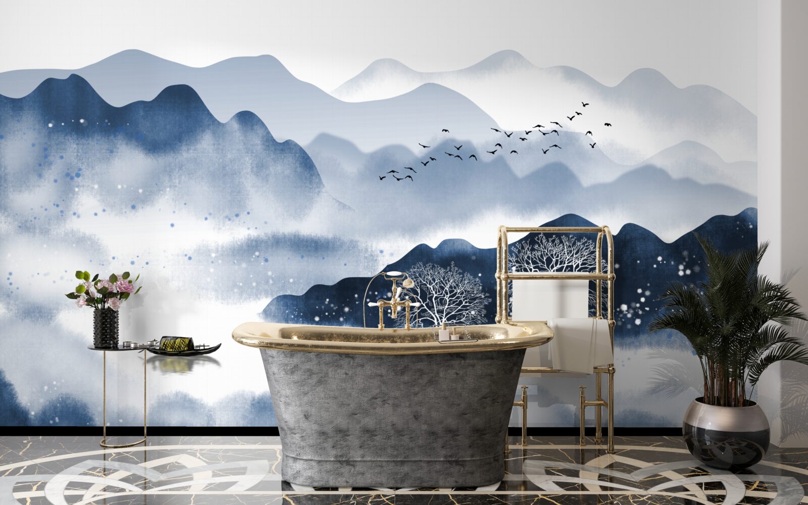 Fototapeta wędkarz powoli płynie wzdłuż cichego górskiego zbiornika