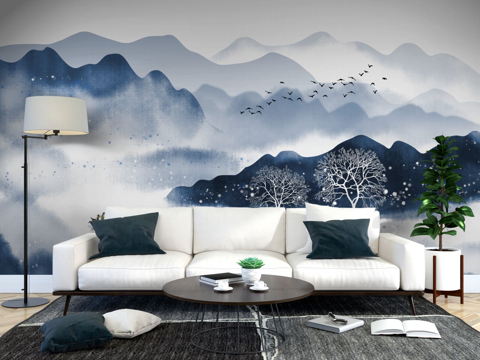 Fototapeta wędkarz powoli płynie wzdłuż cichego górskiego zbiornika