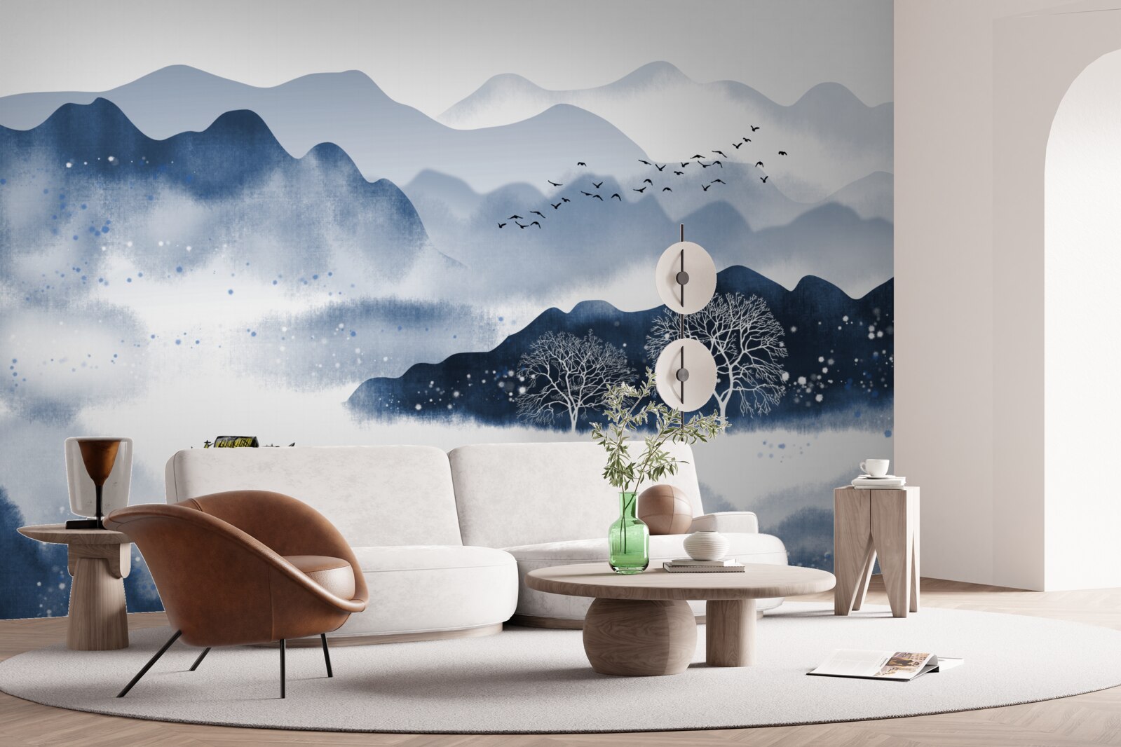 Fototapeta wędkarz powoli płynie wzdłuż cichego górskiego zbiornika