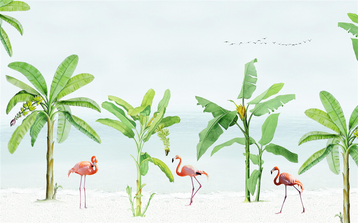 Fototapeta różowe flamingi na wybrzeżu palm