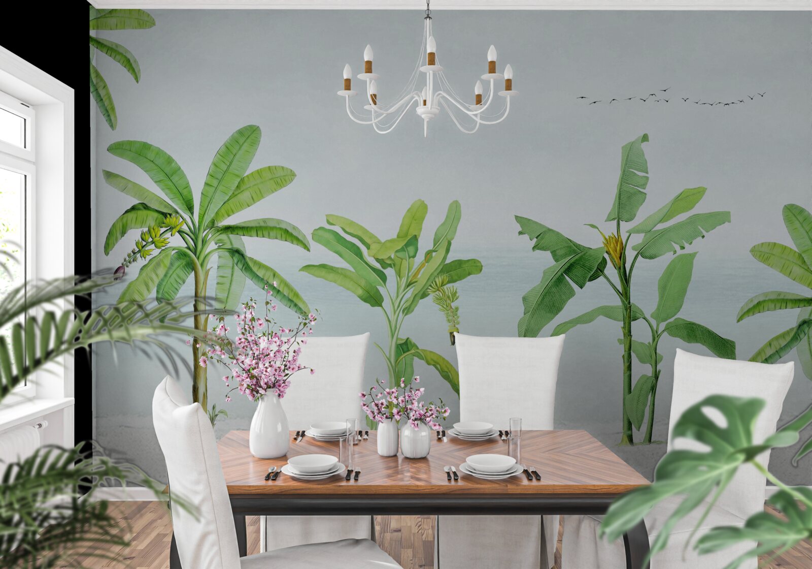 Fototapeta różowe flamingi na wybrzeżu palm