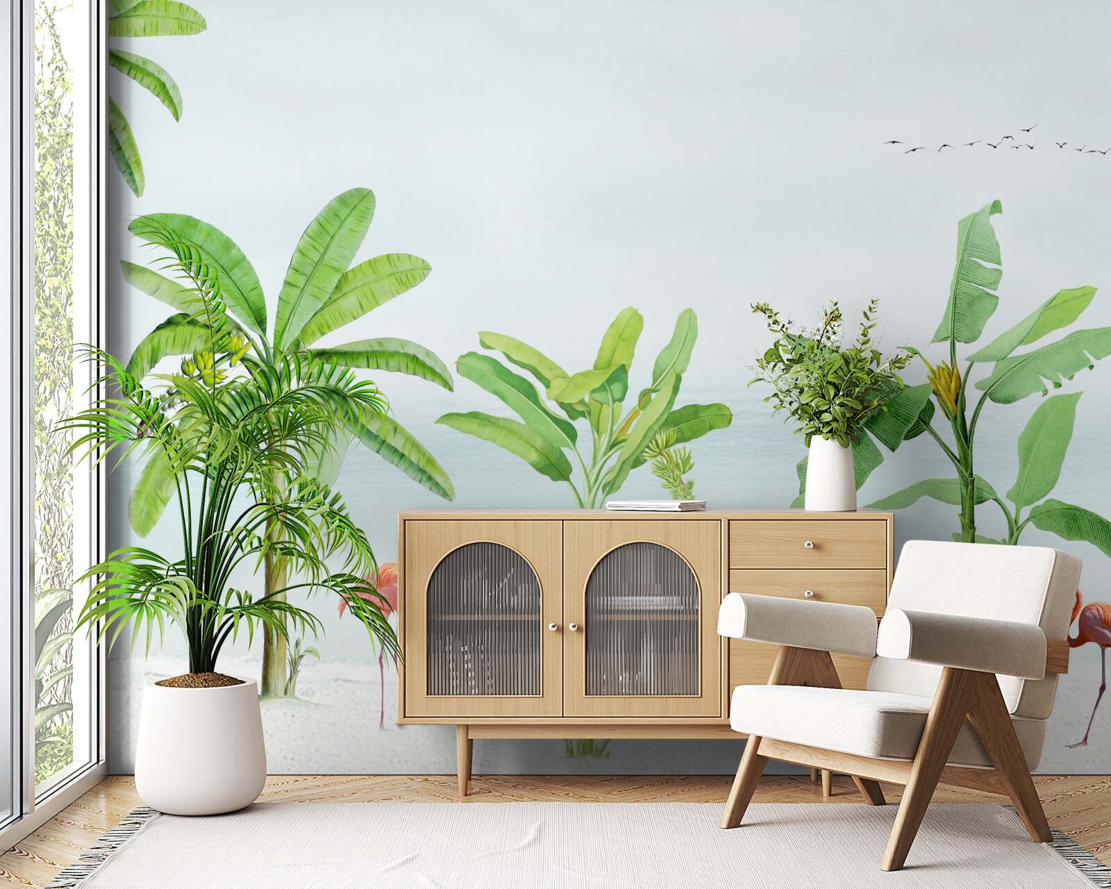 Fototapeta różowe flamingi na wybrzeżu palm