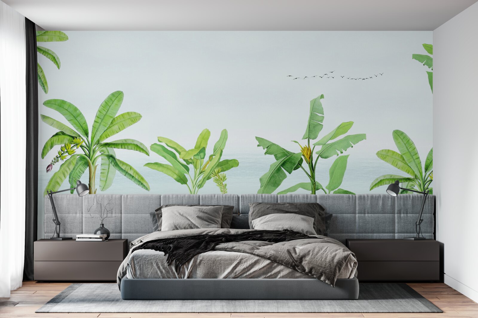 Fototapeta różowe flamingi na wybrzeżu palm