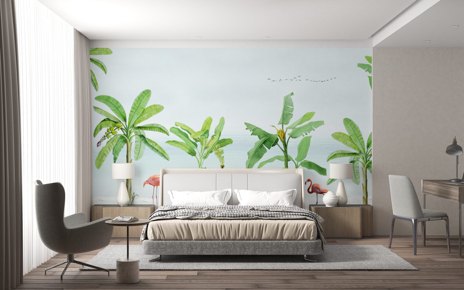 Fototapeta różowe flamingi na wybrzeżu palm