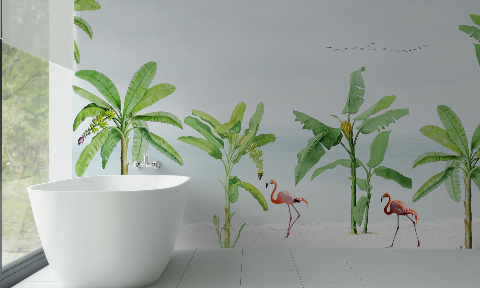 Fototapeta różowe flamingi na wybrzeżu palm