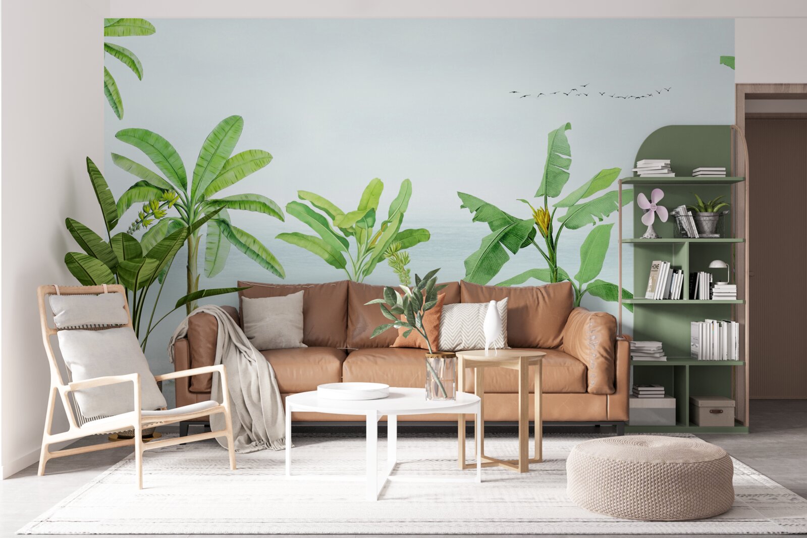 Fototapeta różowe flamingi na wybrzeżu palm