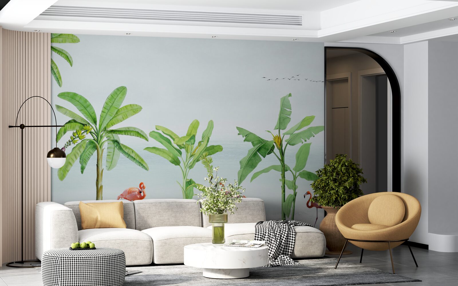 Fototapeta różowe flamingi na wybrzeżu palm