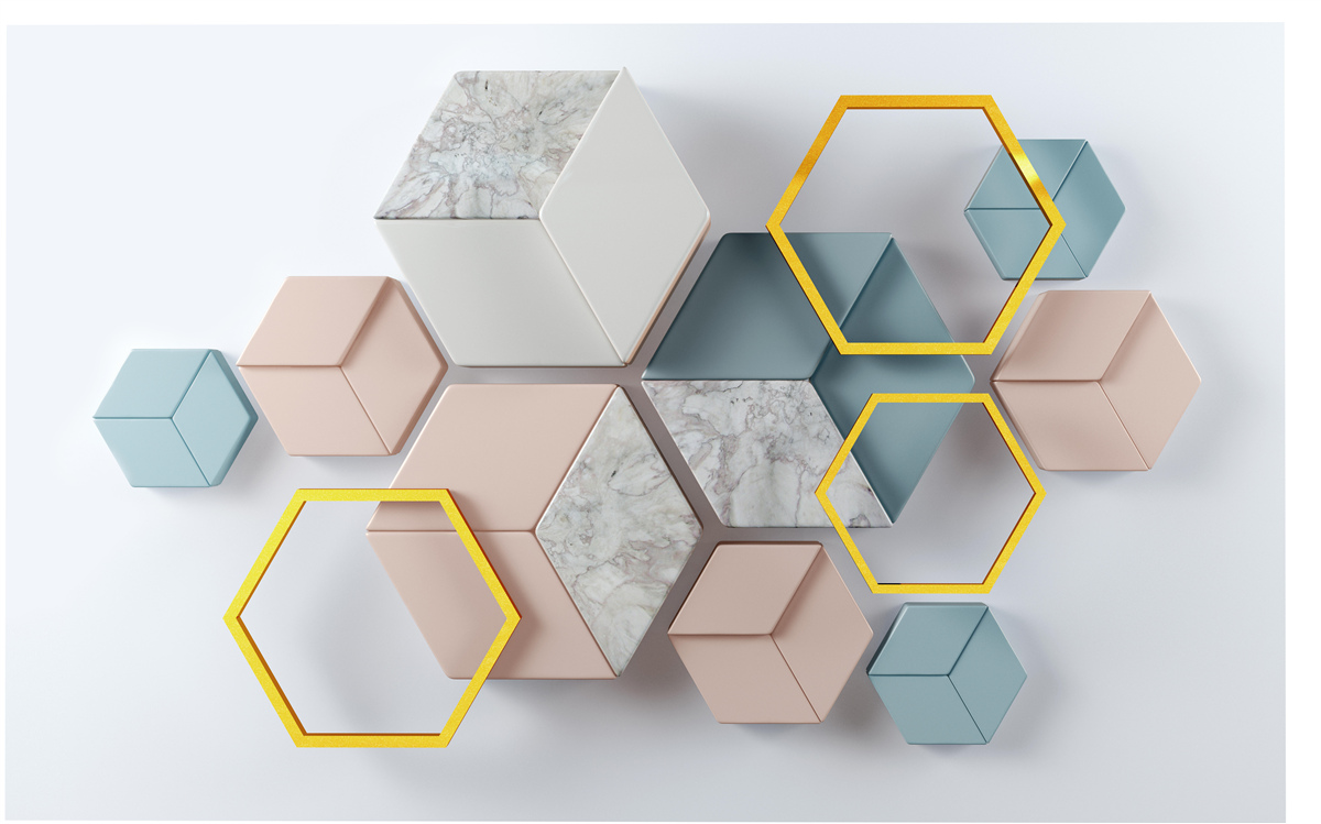 Fototapeta pięciokątne kształty w trzech wymiarach na szarym tle