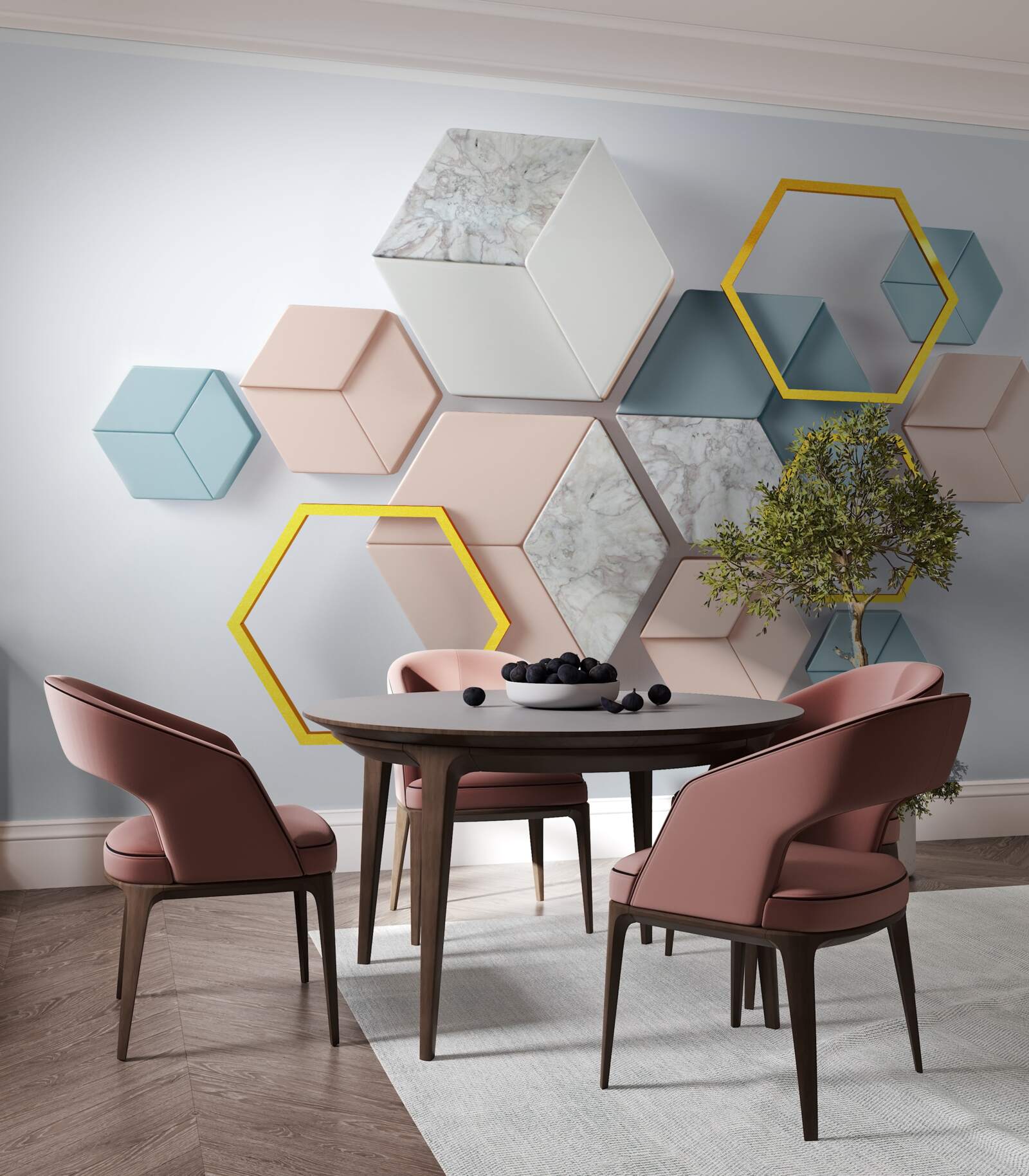 Fototapeta pięciokątne kształty w trzech wymiarach na szarym tle