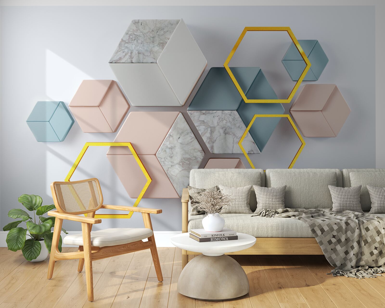 Fototapeta pięciokątne kształty w trzech wymiarach na szarym tle