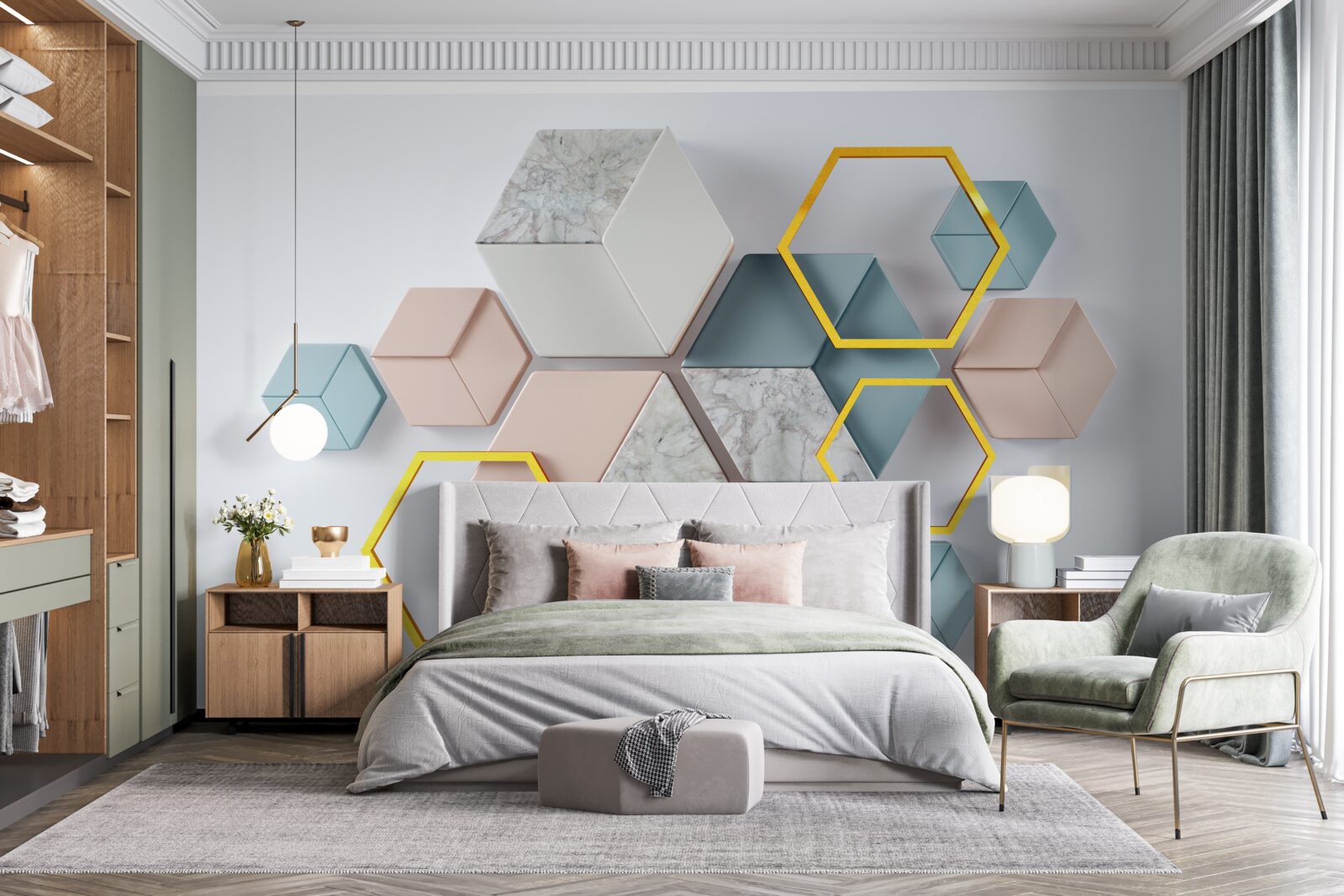 Fototapeta pięciokątne kształty w trzech wymiarach na szarym tle