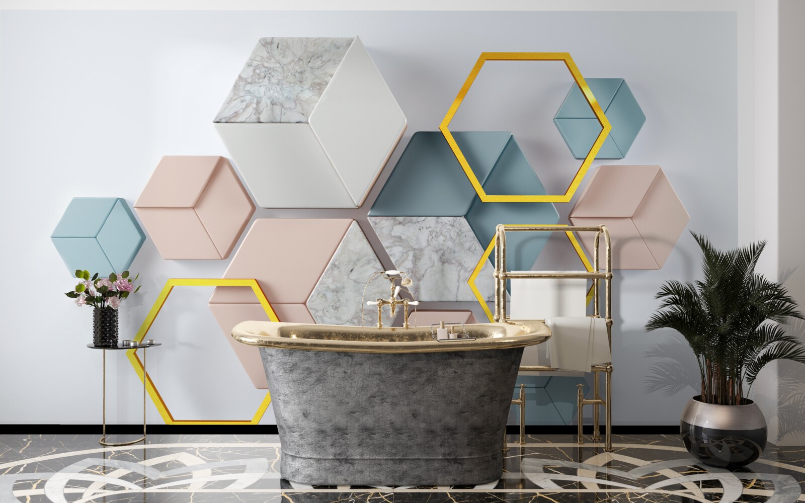 Fototapeta pięciokątne kształty w trzech wymiarach na szarym tle