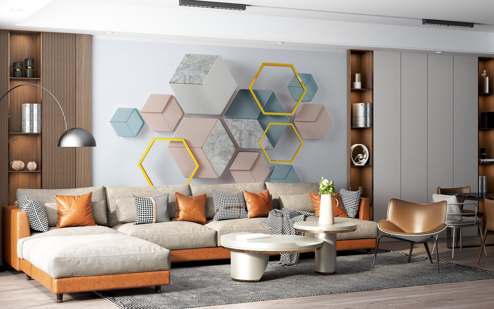 Fototapeta pięciokątne kształty w trzech wymiarach na szarym tle