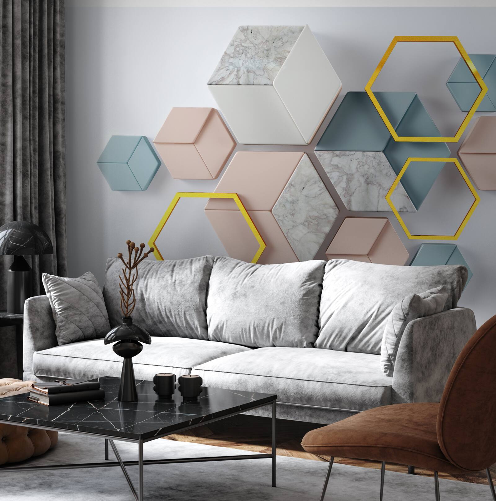 Fototapeta pięciokątne kształty w trzech wymiarach na szarym tle