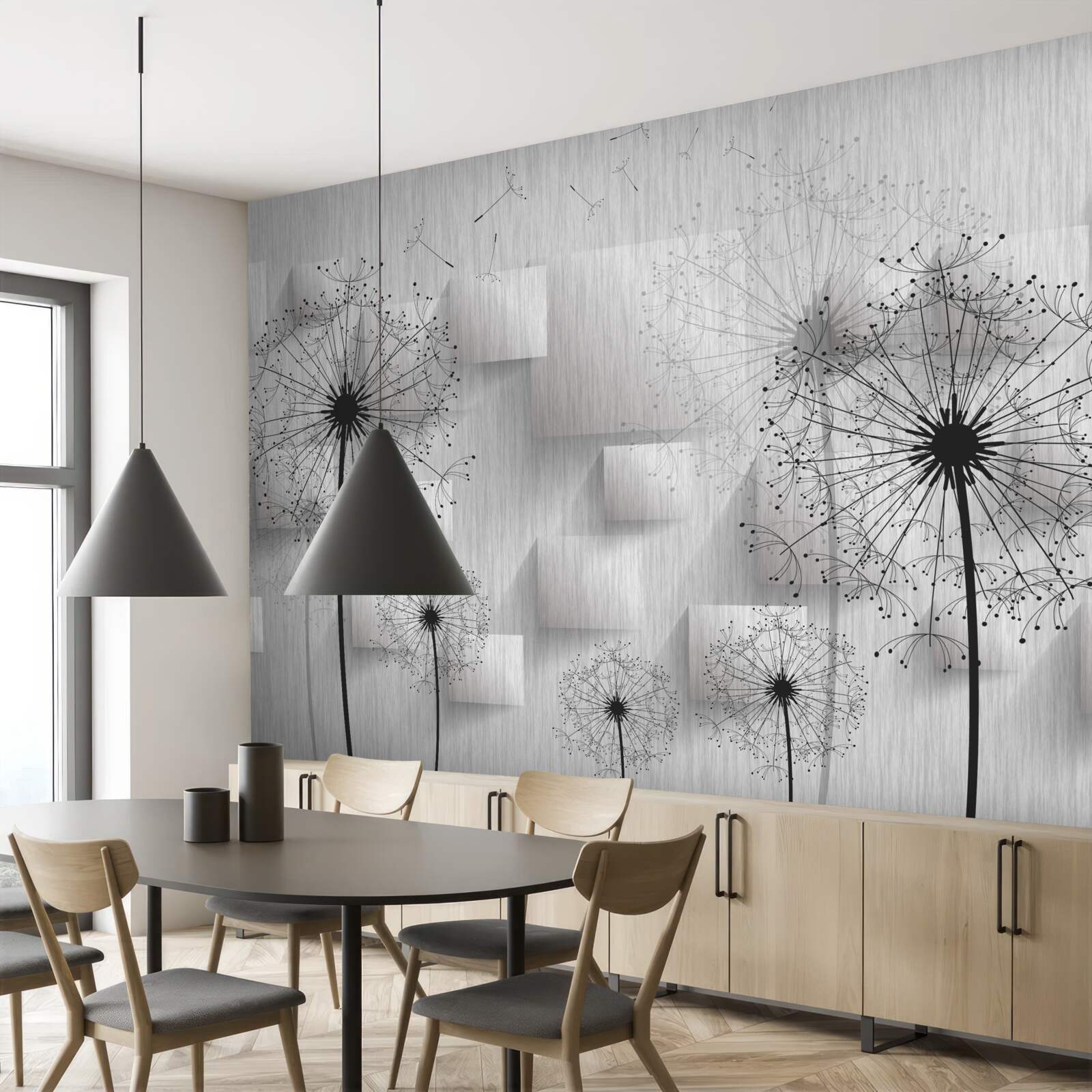 Fototapeta mniszki na tle geometrycznych kształtów tworzących kwadraty