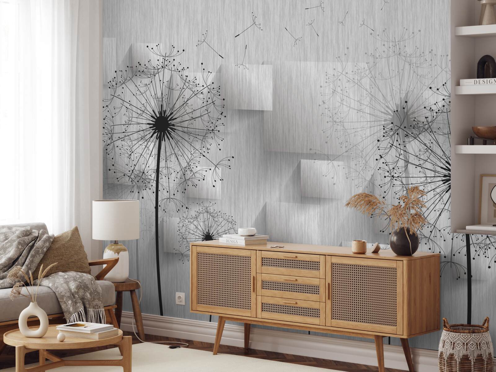 Fototapeta mniszki na tle geometrycznych kształtów tworzących kwadraty