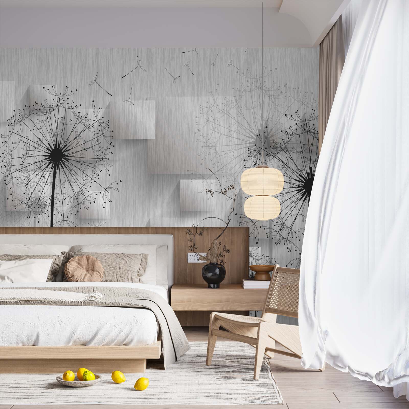 Fototapeta mniszki na tle geometrycznych kształtów tworzących kwadraty