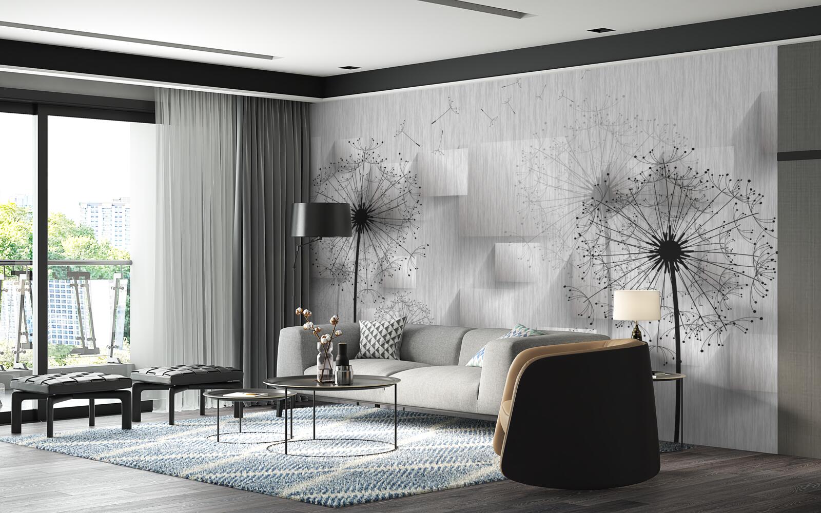 Fototapeta mniszki na tle geometrycznych kształtów tworzących kwadraty