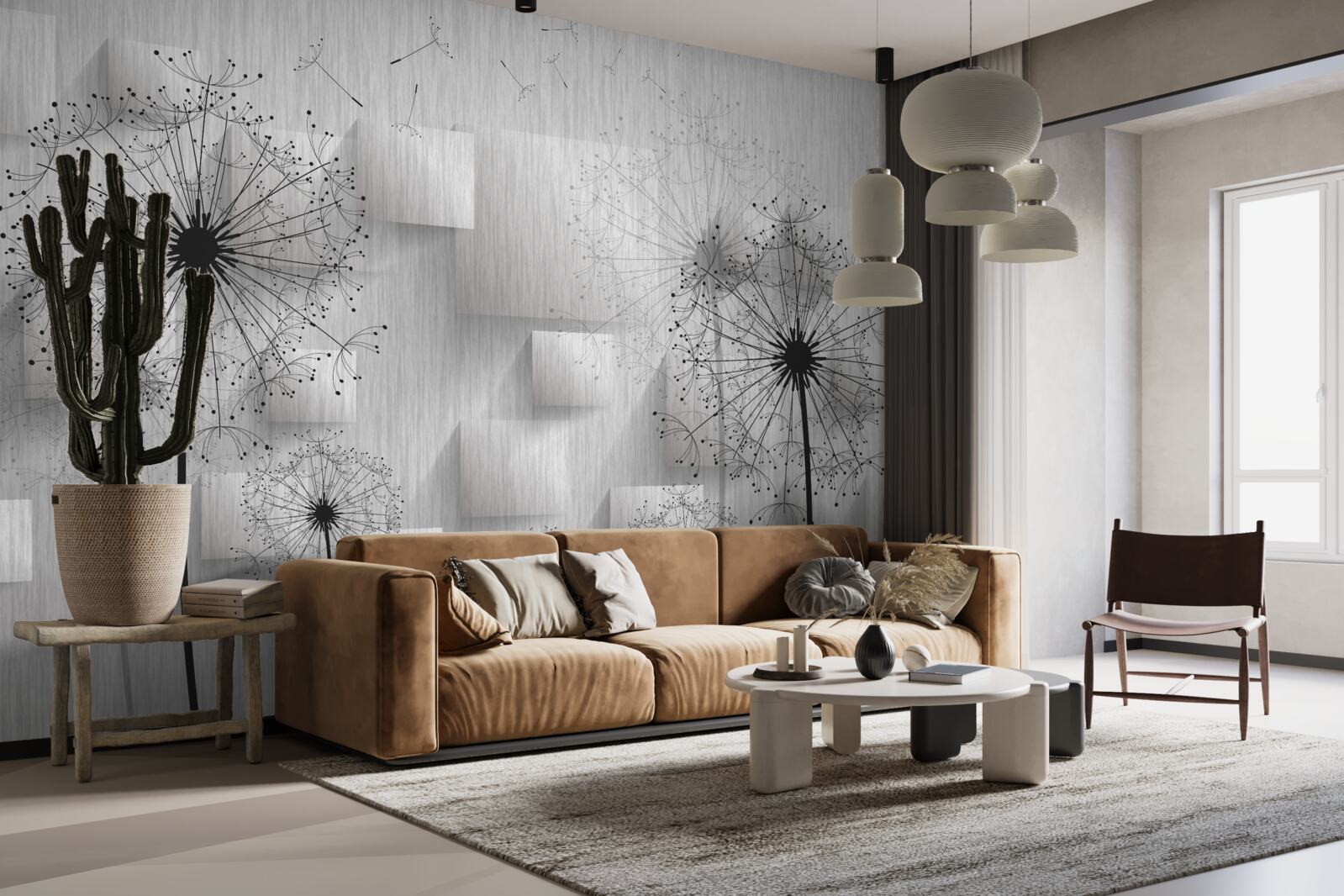 Fototapeta mniszki na tle geometrycznych kształtów tworzących kwadraty