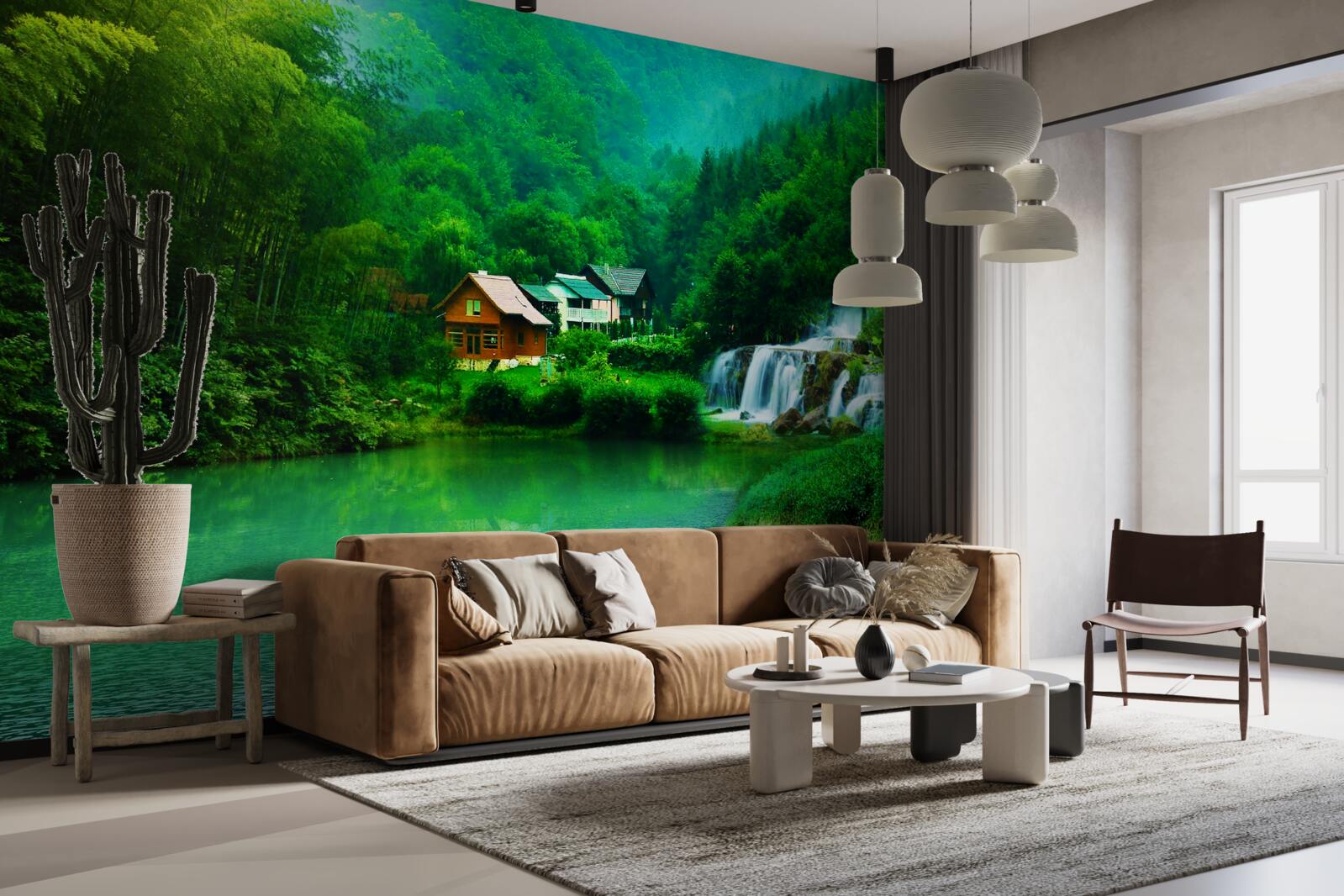 Fototapeta spokojny wodospad obok domu nad jeziorem