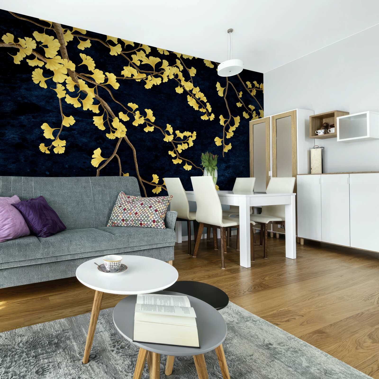 Fototapeta gałęzie żółtych liści na tle nocnego nieba