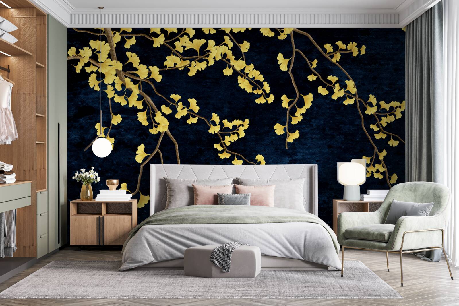 Fototapeta gałęzie żółtych liści na tle nocnego nieba