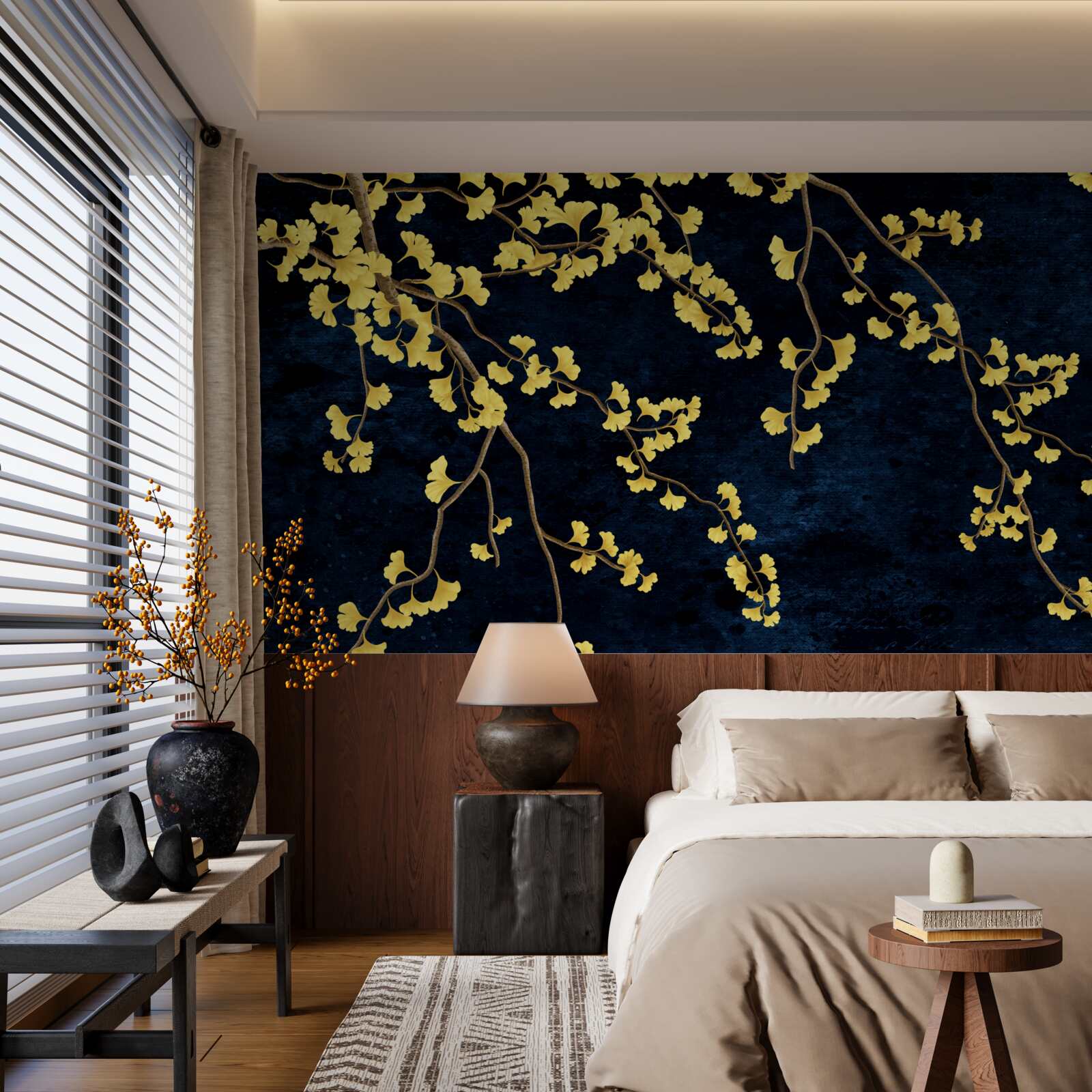 Fototapeta gałęzie żółtych liści na tle nocnego nieba