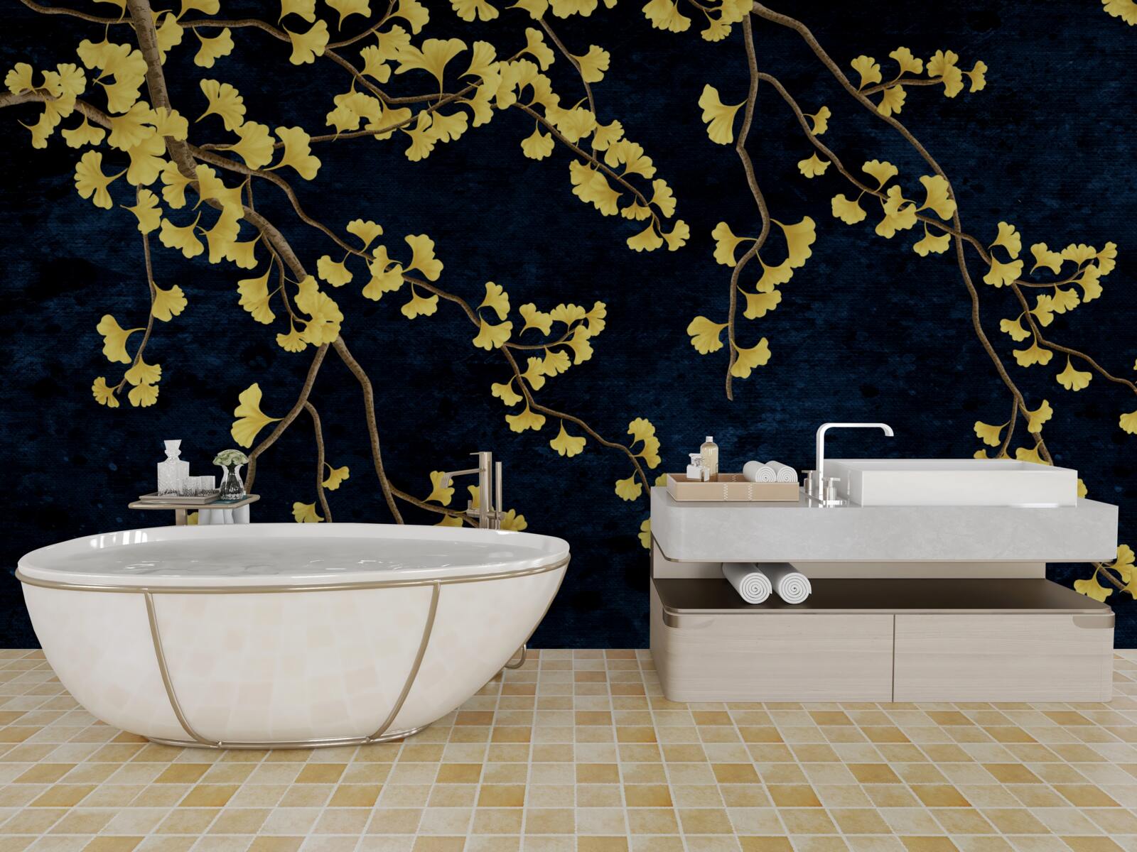 Fototapeta gałęzie żółtych liści na tle nocnego nieba