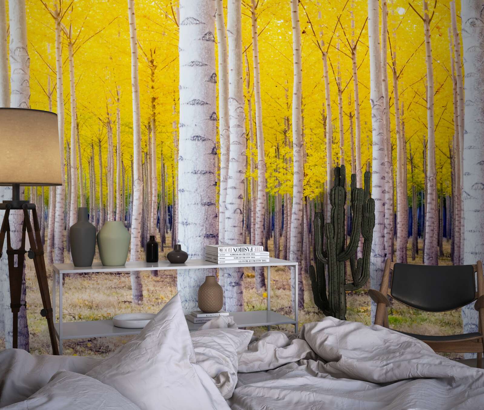 Fototapeta jasnożółte kolory rozjaśniają się w brzozowym lesie