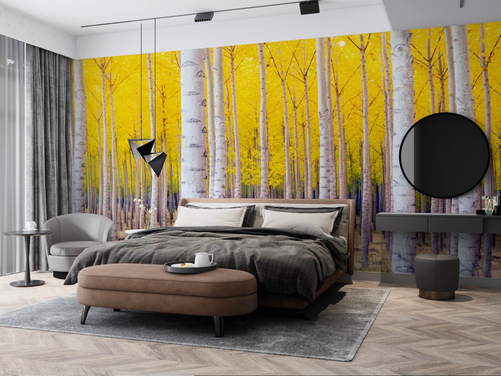 Fototapeta jasnożółte kolory rozjaśniają się w brzozowym lesie