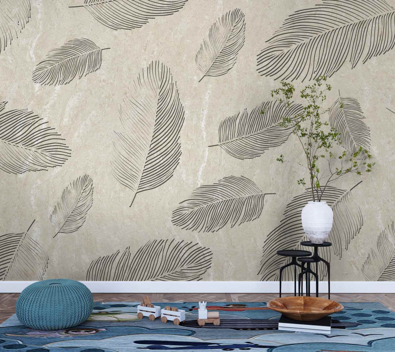 Fototapeta jasne tło ozdobione szarymi piórami