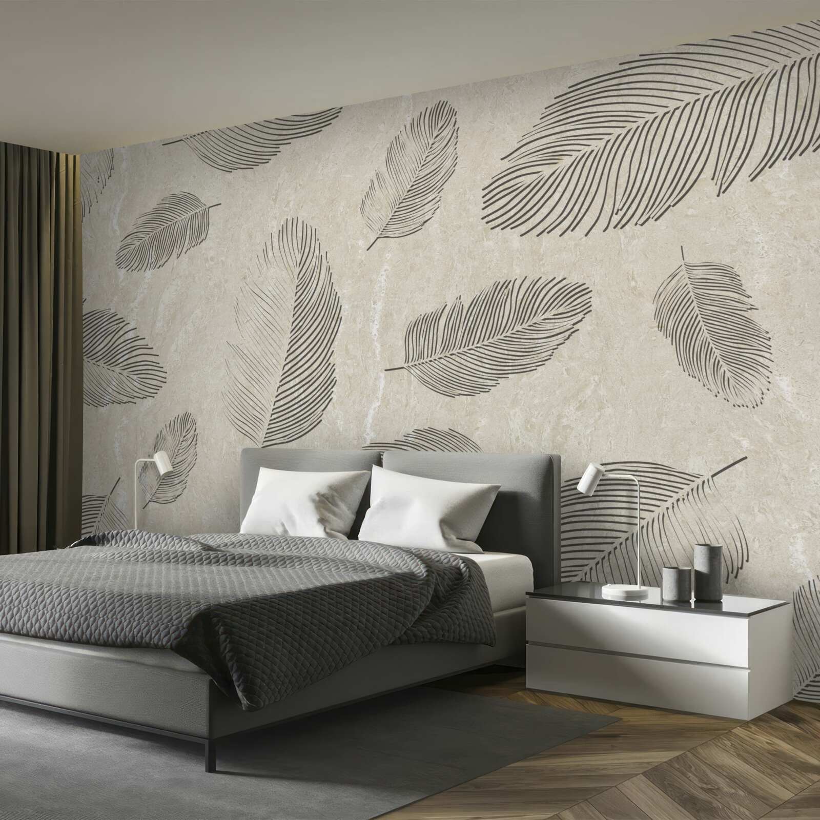 Fototapeta jasne tło ozdobione szarymi piórami