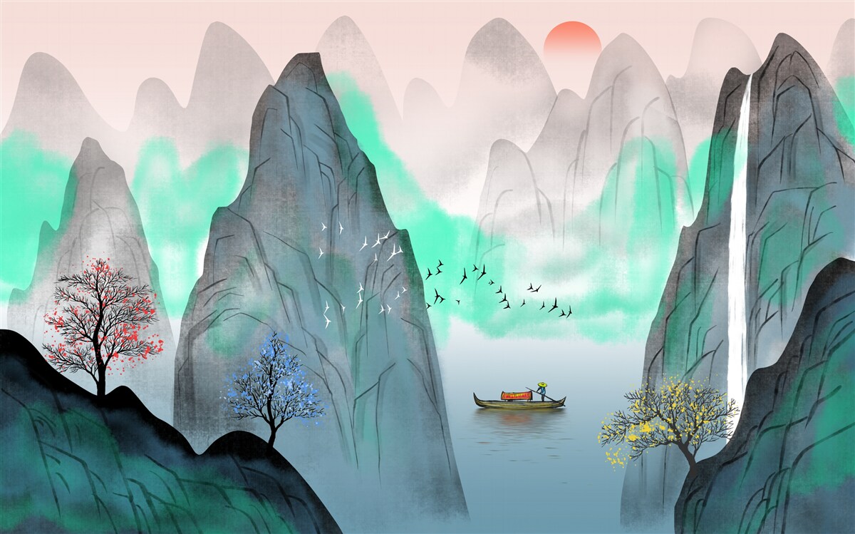 Fototapeta zachód słońca w abstrakcyjnych górach