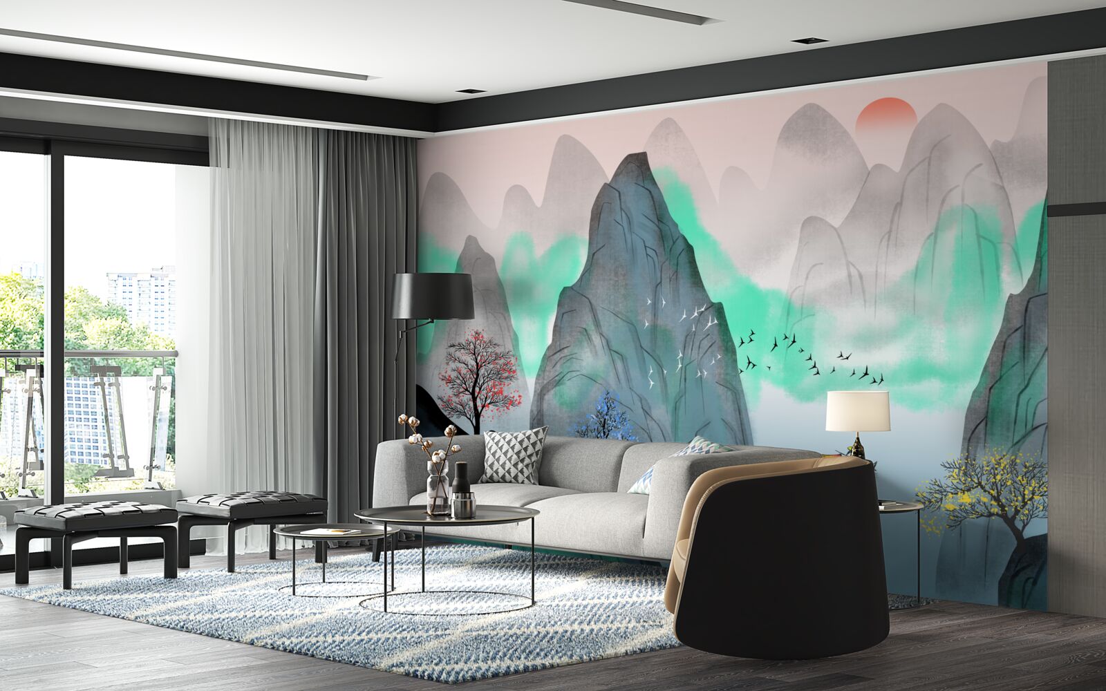 Fototapeta zachód słońca w abstrakcyjnych górach