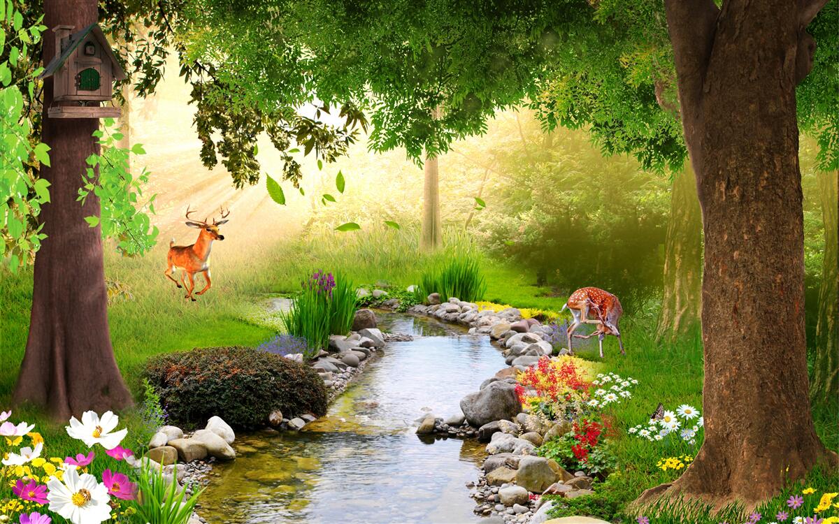 Fototapeta obok leśnej rzeki stoją jelenie