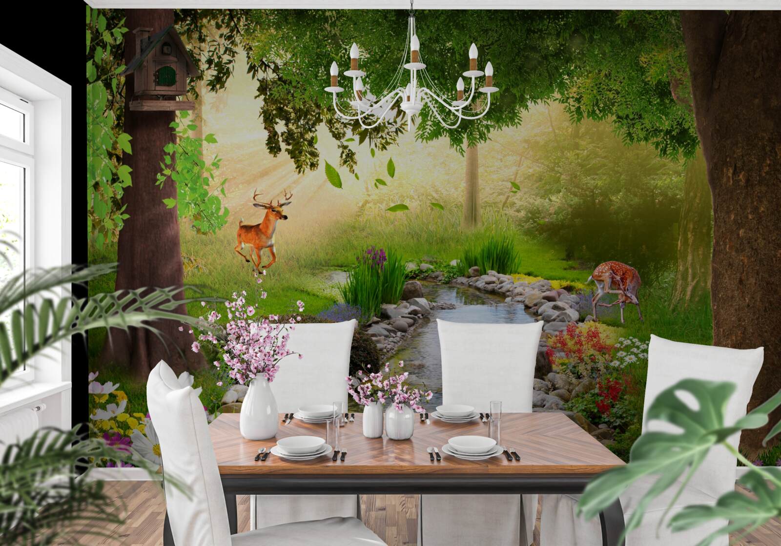 Fototapeta obok leśnej rzeki stoją jelenie