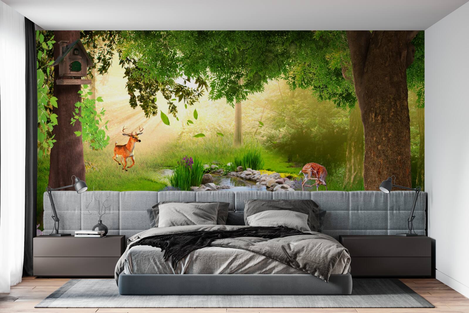 Fototapeta obok leśnej rzeki stoją jelenie