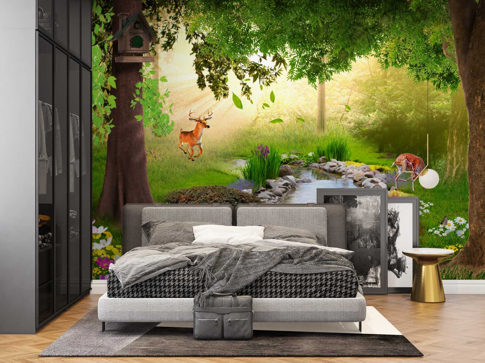 Fototapeta obok leśnej rzeki stoją jelenie