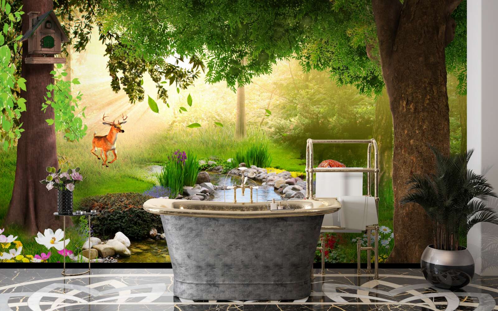 Fototapeta obok leśnej rzeki stoją jelenie