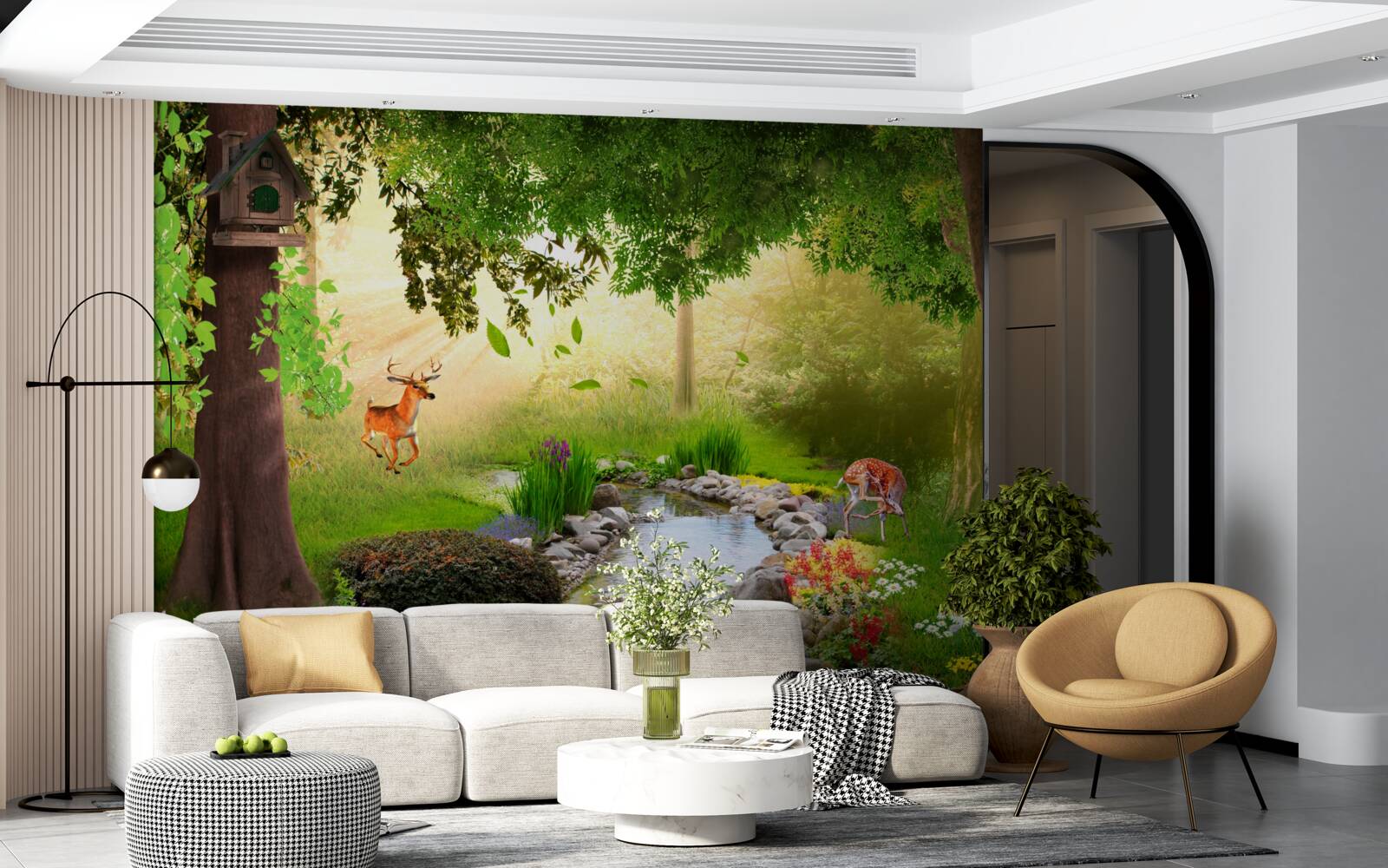 Fototapeta obok leśnej rzeki stoją jelenie