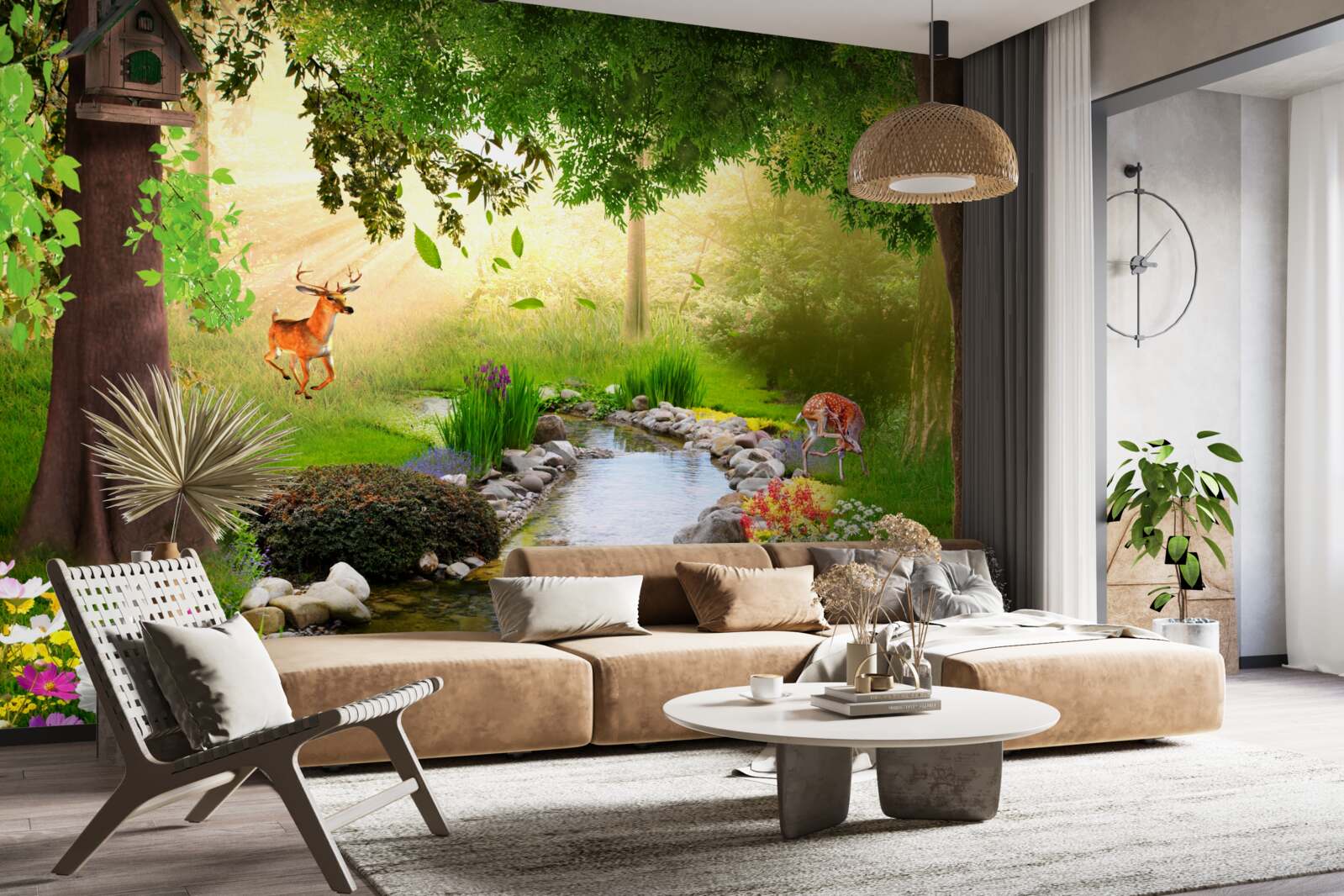 Fototapeta obok leśnej rzeki stoją jelenie