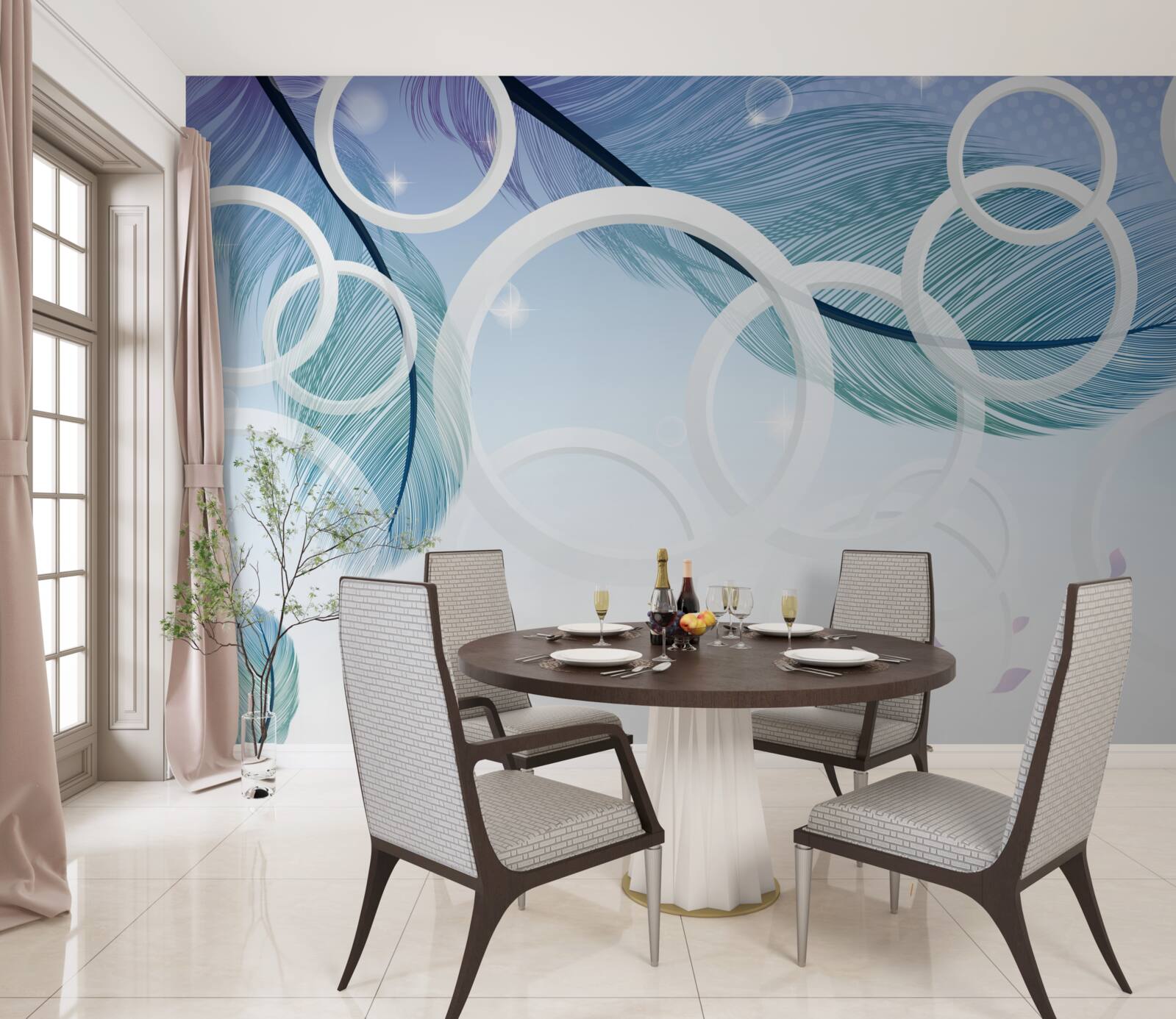 Fototapeta duże białe koła i pióra