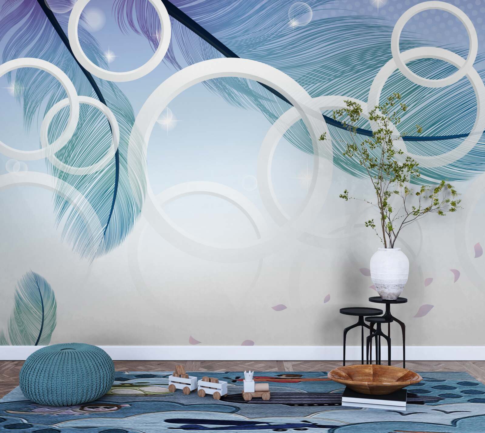 Fototapeta duże białe koła i pióra